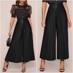Black Accordion Vegan Leather Palazzo Wide Pants